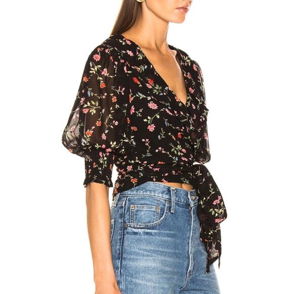 Ganni Paradise Elm Georgette Black Floral Wrap Top - Picture 3 of 14